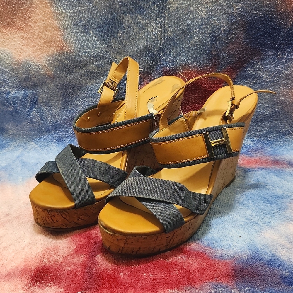 Tommy Hilfiger Denim/Faux Leather Platform Cork Wedges